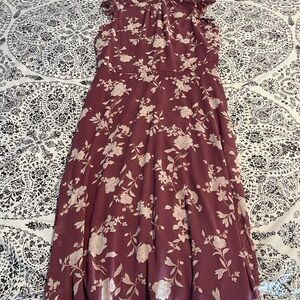 Nina Leonard Burgundy and Cream Floral Midi Dress